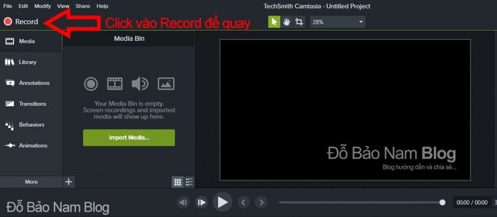 Click vào Record để bắt đầu quay lại màn hình máy tính