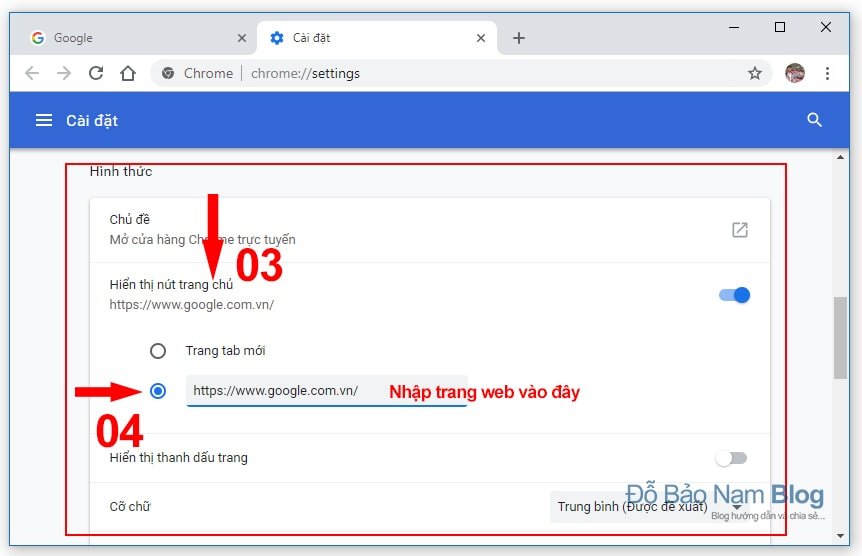 Hướng dẫn cách đặt Google làm trang chủ trên Chrome B02