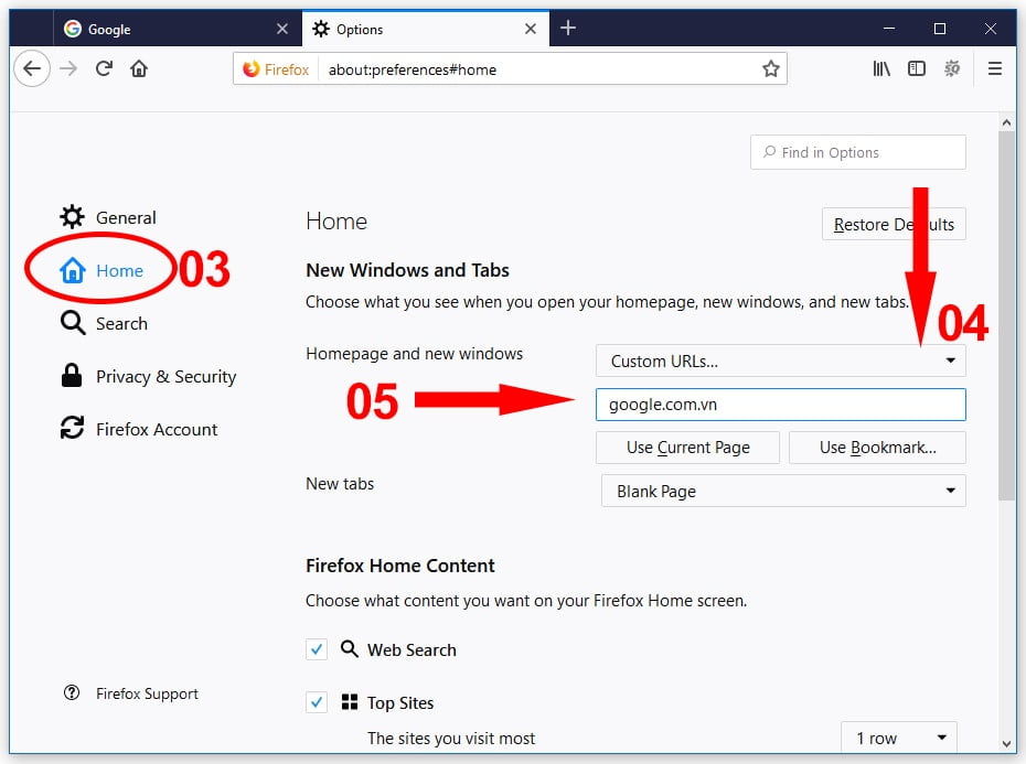 Hướng dẫn cách đặt Google làm trang chủ trên Firefox B02
