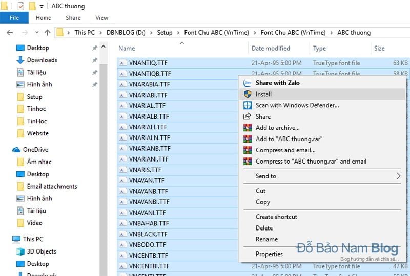Cách cài font chữ cho máy tính thứ nhất: Click chuột phải, chọn Install