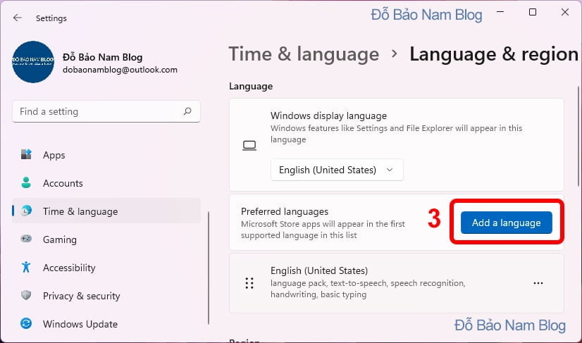 Click vào nút Add a language để thêm ngôn ngữ tiếng Việt cho máy tính.