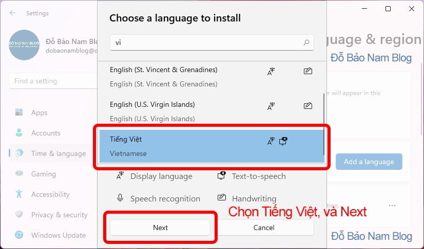 Chọn Tiếng Việt, sau đó bạn click vào Next