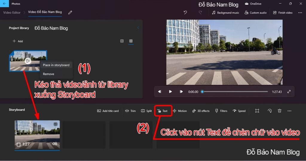 Cách chèn chữ vào video B1: Đưa ảnh/video từ Project library xuống Storyboard.