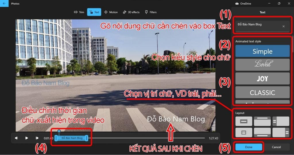 Cách chèn chữ vào video và thiết lập chữ sau khi chèn.