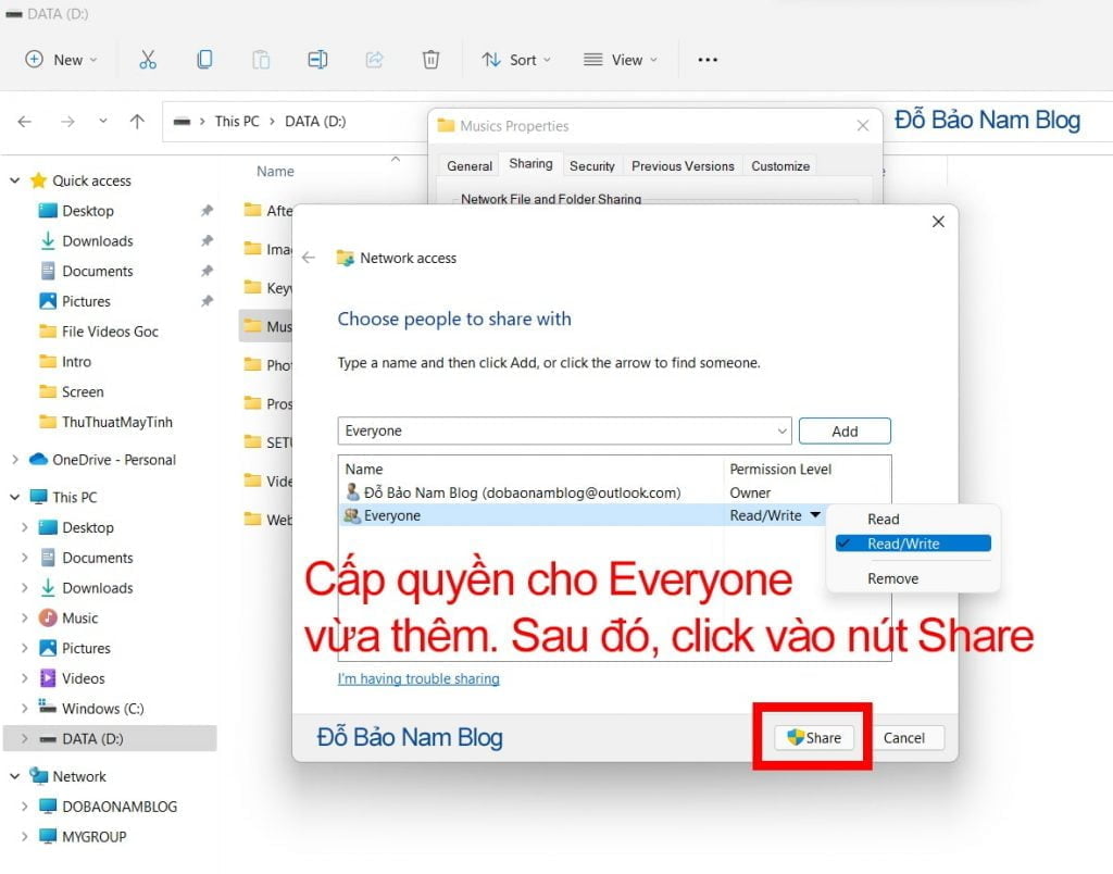 Thêm quyền, sau đó click vào nút share