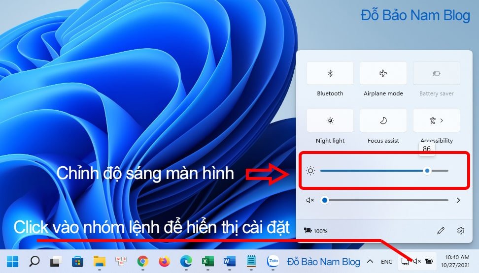 Điều chỉnh tăng/giảm độ sáng màn hình trên thanh taskbar