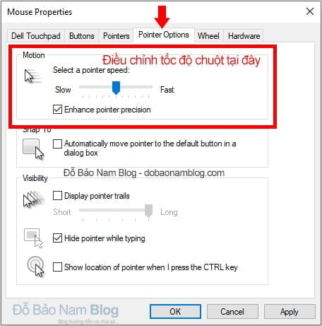 Điều chỉnh tốc độ chuột máy tính sau đó click Apply, OK
