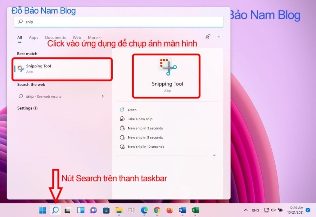 Tìm ứng dụng Snipping Tool từ nút tìm kiếm trên thanh taskbar