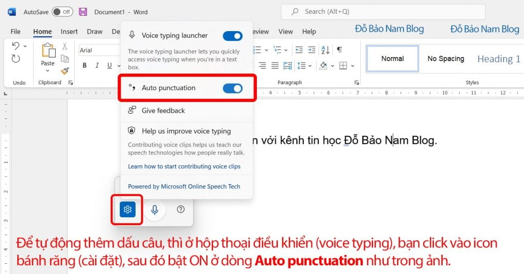 Để cài đặt tự động thêm dấu câu, bạn click vào icon bánh răng, và bật on ở dòng Auto mà Đỗ Bảo Nam Blog đã khoanh đỏ.