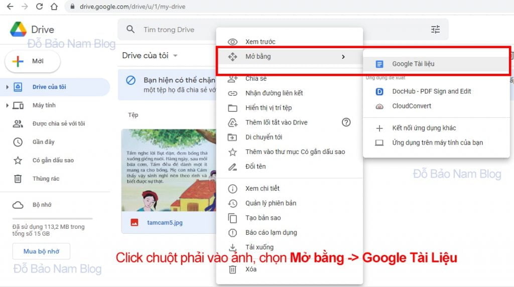 Mở file ảnh vừa tải lên bằng Google Tài Liệu