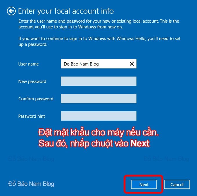 Sau đó, bạn có thể đặt mật khẩu cho máy nếu muốn và nhấn Next