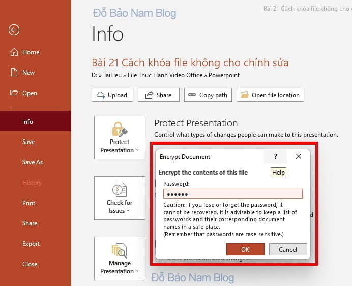 Sau đó thiết lập mật khẩu để khóa file Powerpoint