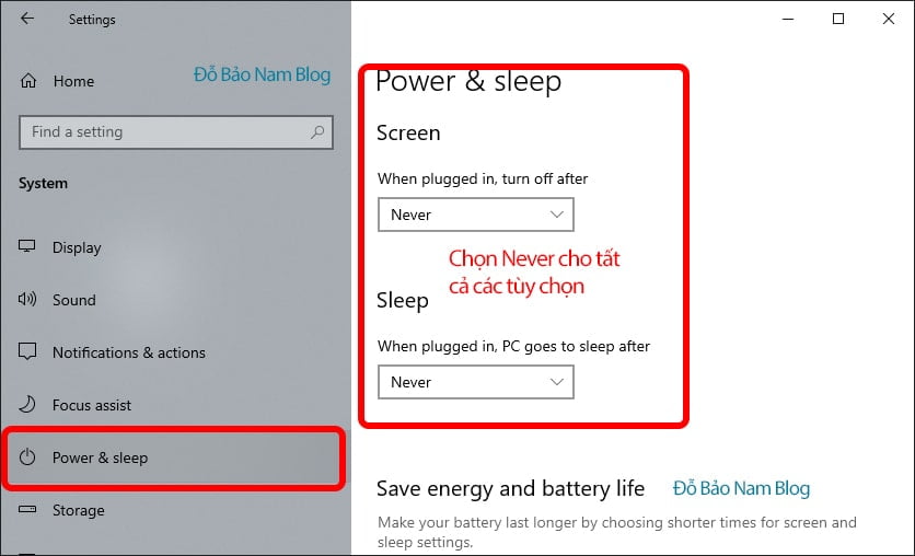 Sau đó, bạn thiết lập tất cả các tùy chọn là Never để màn hình máy tính luôn sáng.