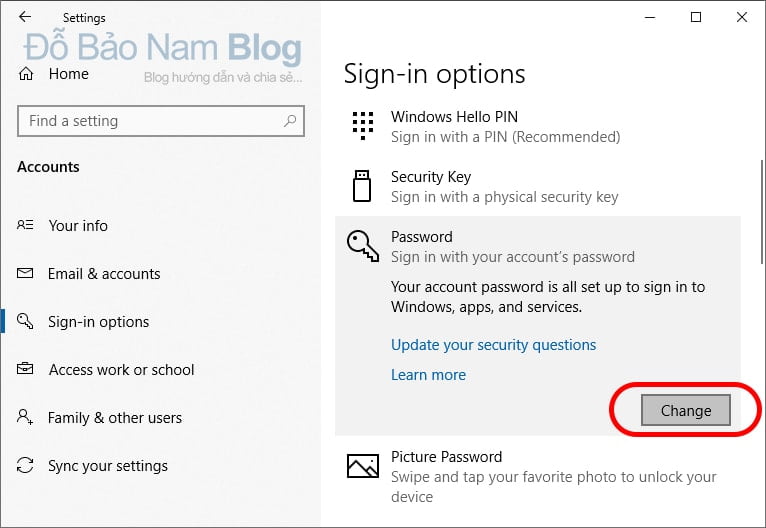 Các bước đổi mật khẩu máy tính Win 10 chi tiết - Click vào change