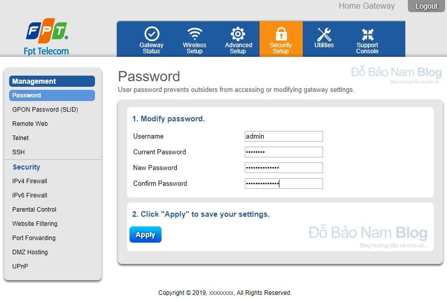 Cách đổi mật khẩu modem wifi FPT Gpon Home Gateway
