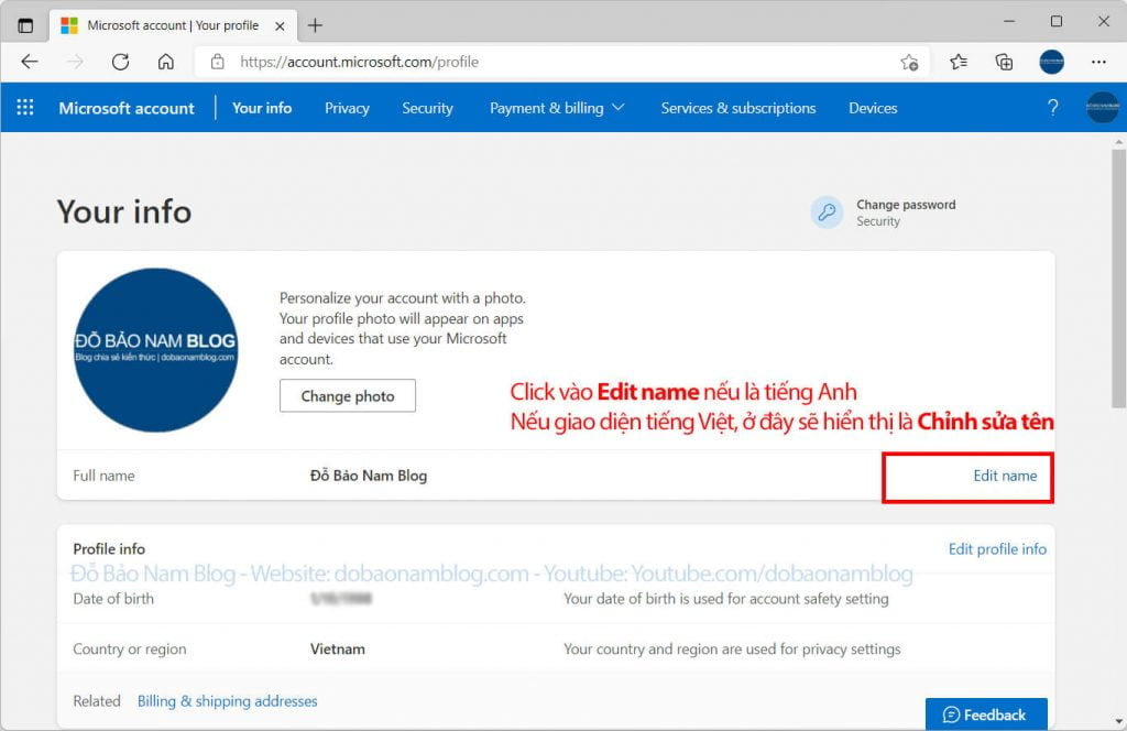Sau đó nhấp vào Edit name (hoặc Chỉnh sửa tên) để sửa tên tài khoản.