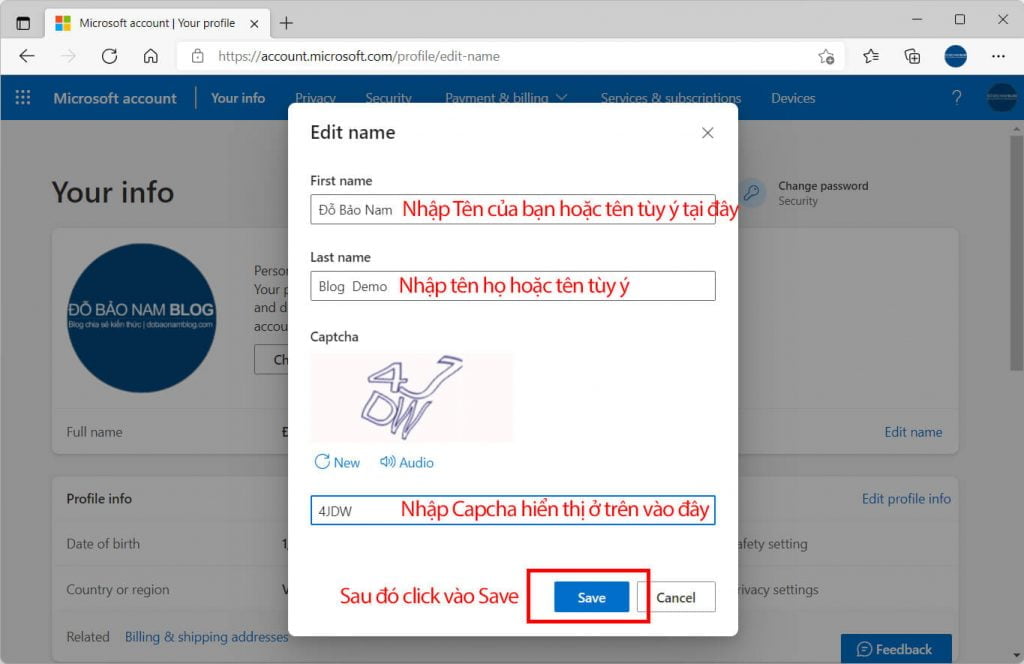 Và bạn nhập tên account mới, nhập capcha và click vào Save để đổi tên.