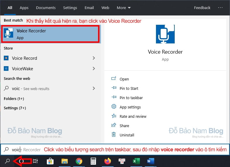 Tìm kiếm Voice Recorder trên ô tìm kiếm của thanh taskbar