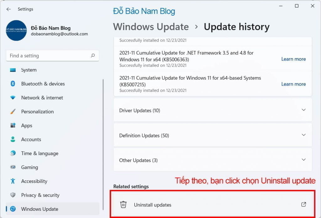 Tiếp theo, bạn click vào Unistall update.