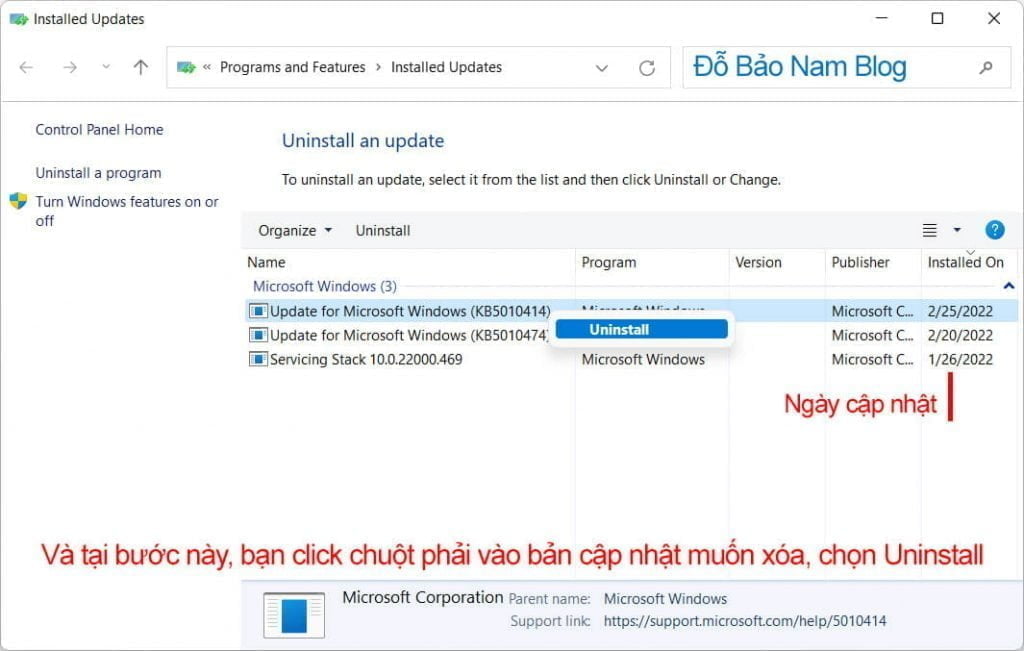 Click chuột phải vào bản update muốn xóa và chọn Uninstall