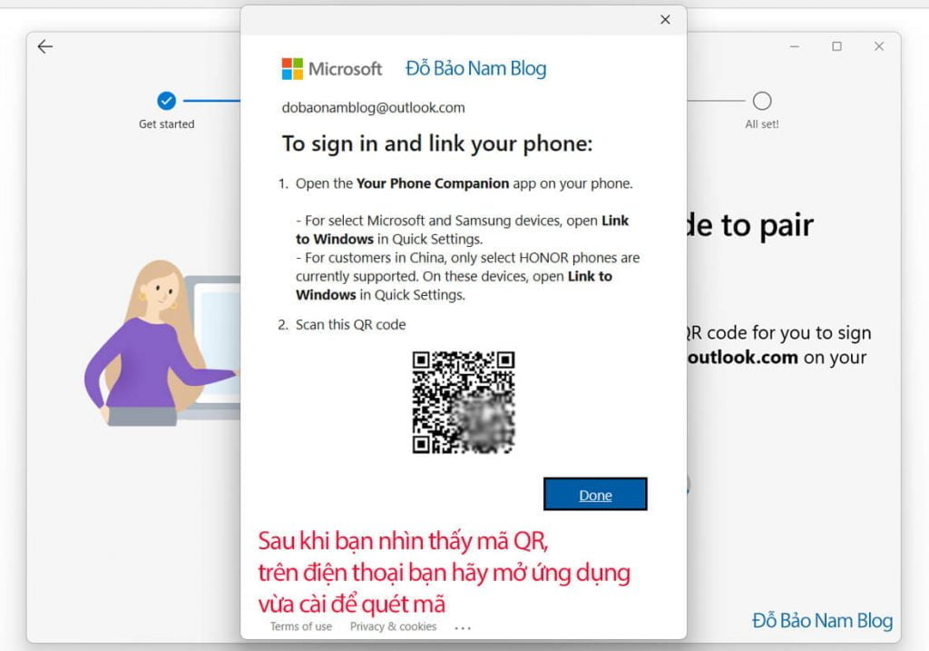 Sau đó, bạn sẽ nhìn thấy có một cửa sổ nhỏ hiện ra chứa mã QR code để bạn quét mã QR.