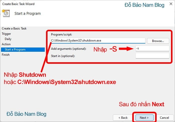 Bạn nhập lệnh shutdown như trong ảnh. Sau đó nhấn Next.