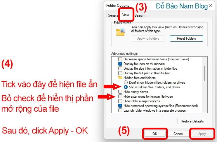 Tick vào dòng Show hidden files, folders and drives để hiện file ẩn trong USB và máy  tính.