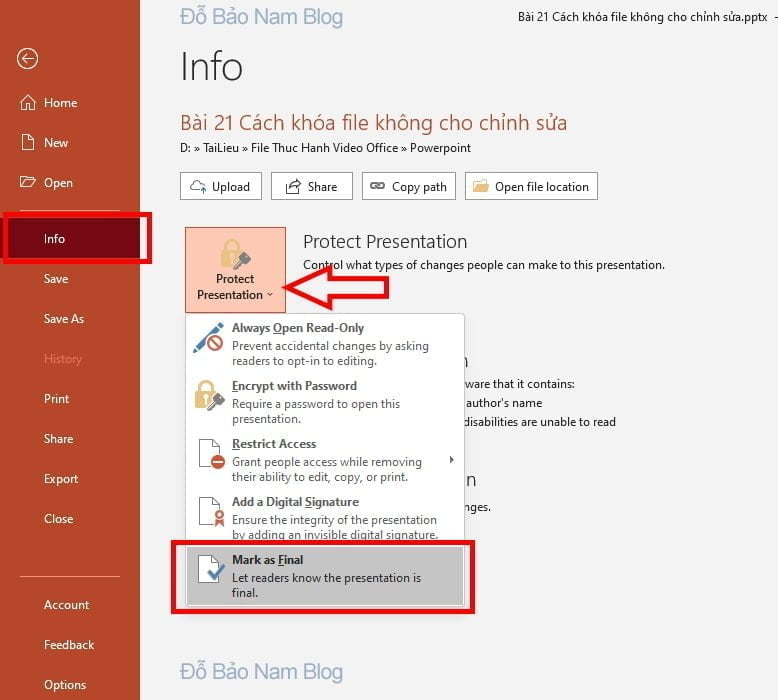 Khóa file trong Powerpoint bằng công cụ Mark as Final