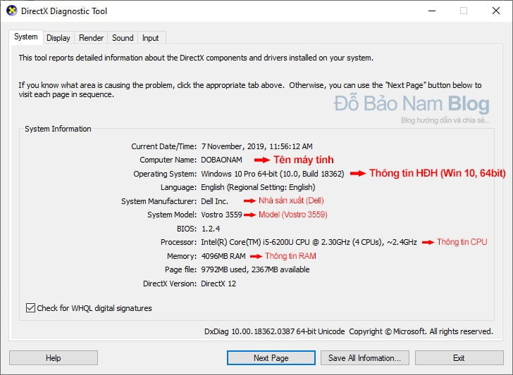 Xem cấu hình máy tính trên công cụ Directx Diagnostic Tool