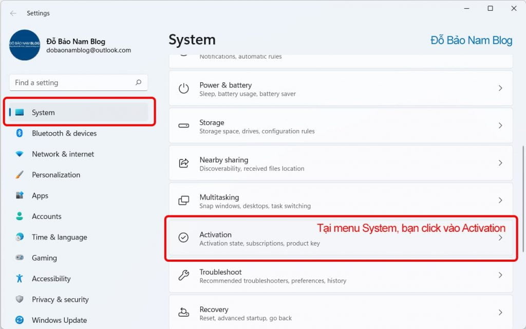 Tại menu System, bạn click chọn Activation.