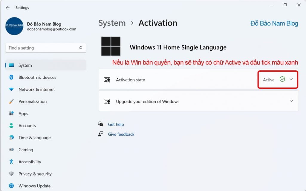ại dòng Activation State, nếu bạn thấy có chữ Active và một dấu tick xanh bên cạnh thì đó là Win bản quyền.