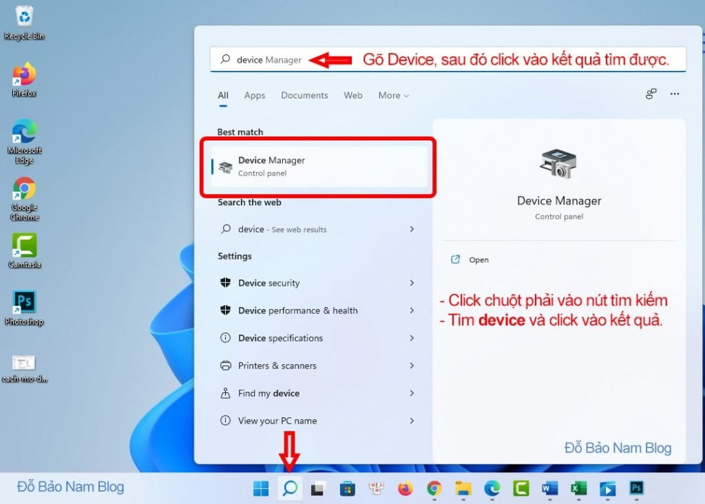 Vào Device Manager thanh taskbar Windows