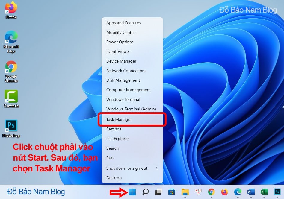 Mở Task Manager Win 11 qua nút Start Win 11.