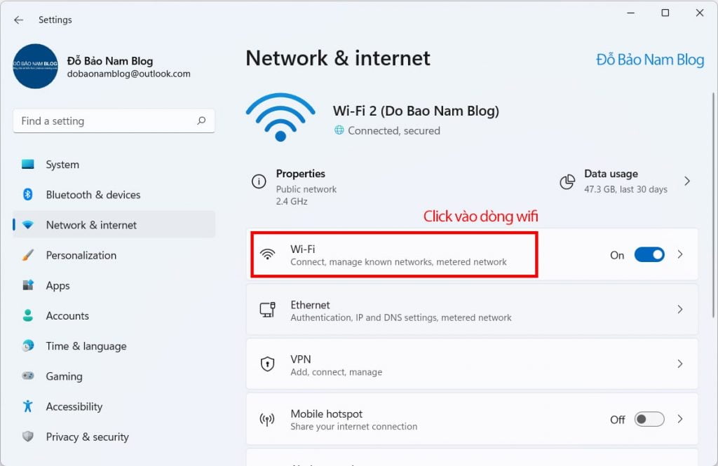 Khi cửa sổ Network & internet hiện ra, bạn click vào dòng Wifi đầu tiên.