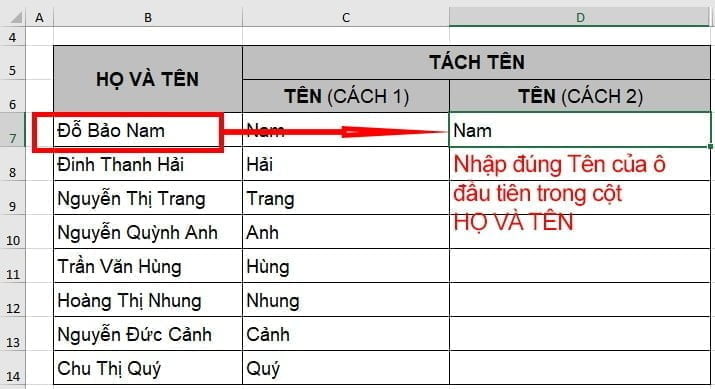 Tách tên trong Excel bằng công cụ Flash Fill - B1