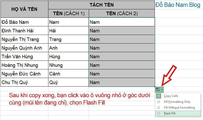 Tách tên trong Excel bằng công cụ Flash Fill - B3