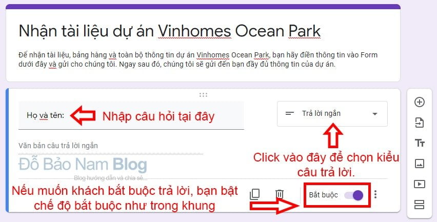 Nhập nội dung chính cho Google biểu mẫu