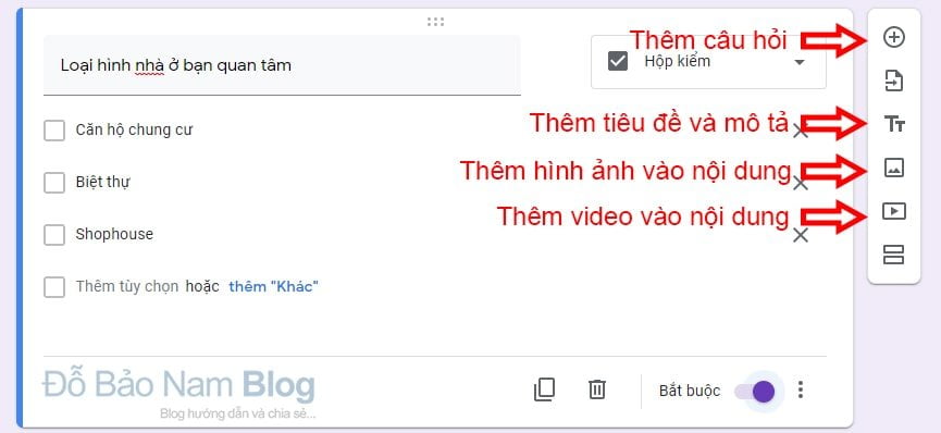 Nhập thêm câu hỏi cho Google Form