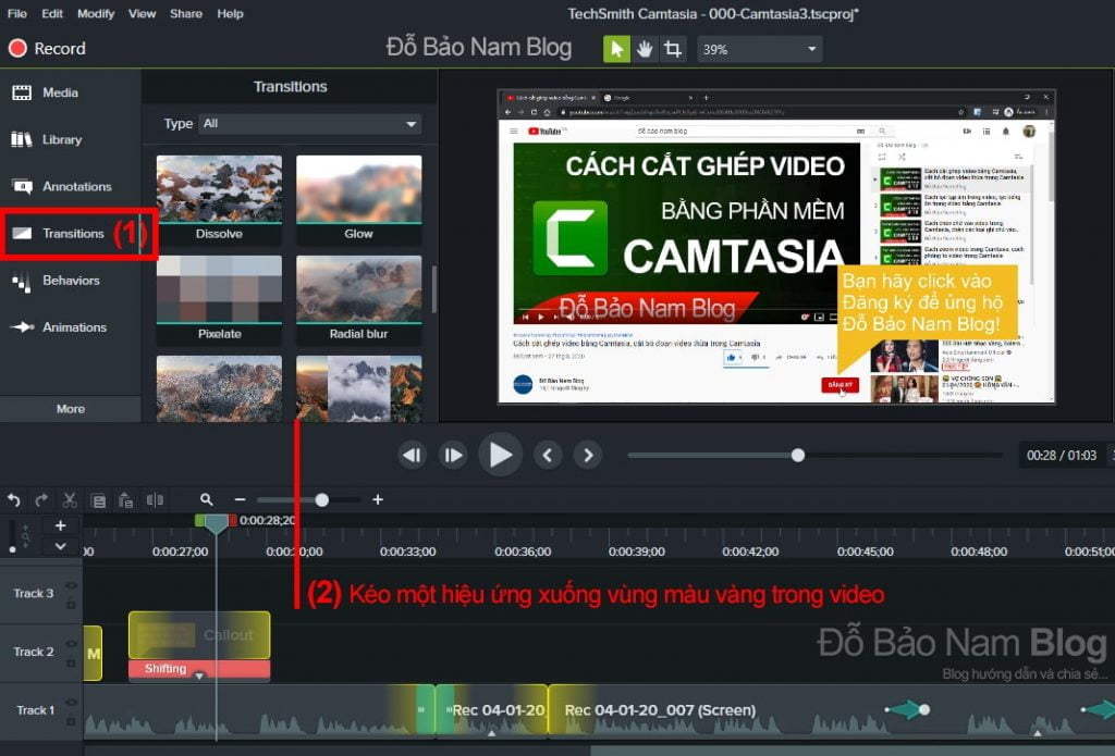 Cách chèn transitions vào video Camtasia