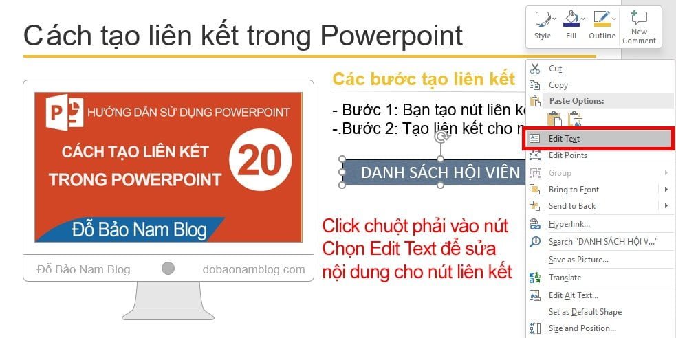 Sửa nội dung của nút lệnh tạo liên kết