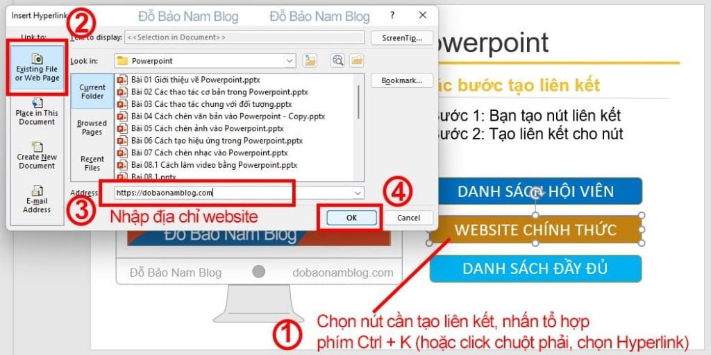 Cách tạo liên kết trong Powerpoint đến website khác