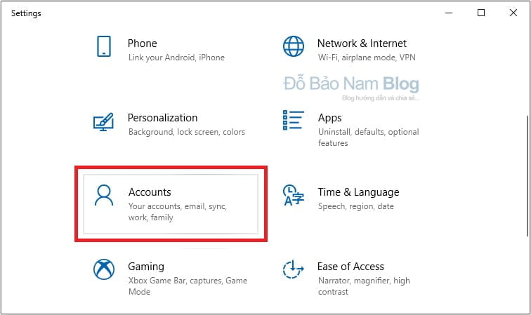 Bước 1: Vào phần Accounts trong Windows Settings