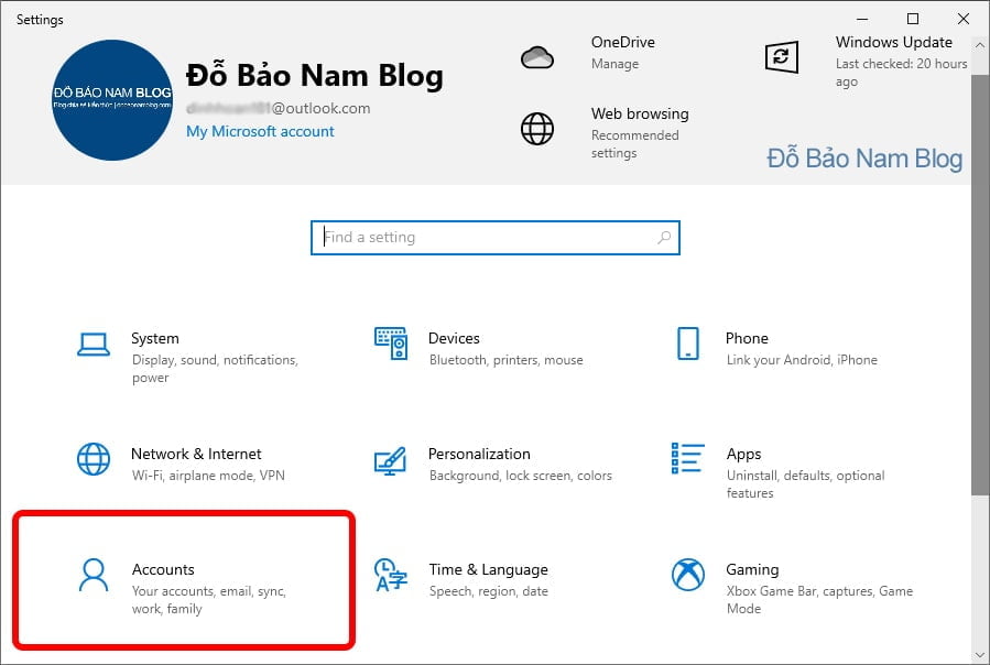 Khi đã mở Windows Settings, bạn click chọn Accounts.