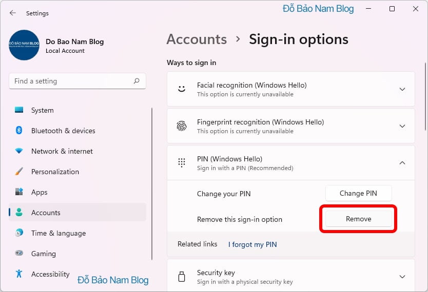 Và tiếp theo, để tắt mã PIN trên Win 11, bạn click vào nút Remove.