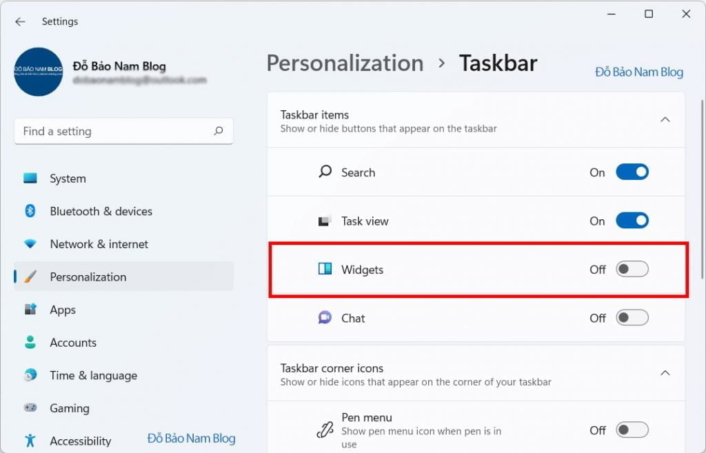 Để tắt thời tiết Win 11, sau khi mở Taskbar setting, bạn chỉ cần chuyển Widgets sang Off.