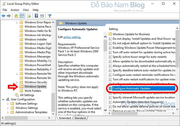 Tìm đến Configure Automatic Update trong cửa sổ Group Policy Editor