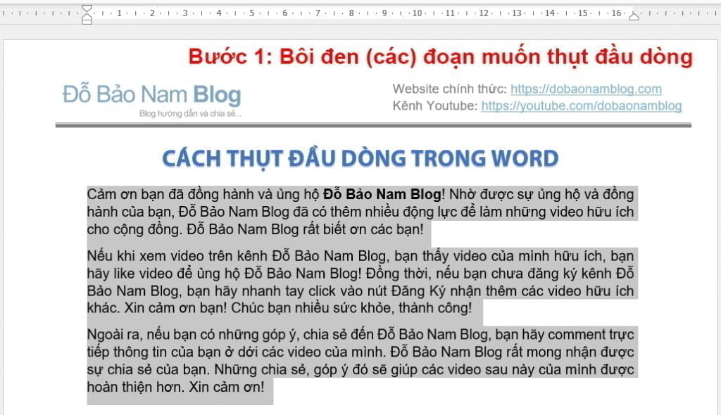 Bước 1: Bôi đen nội dung cần thụt đầu dòng trong Word