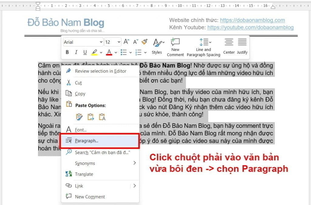 Bạn click chuột phải vào đoạn văn vừa bôi đen, sau đó chọn Paragraph