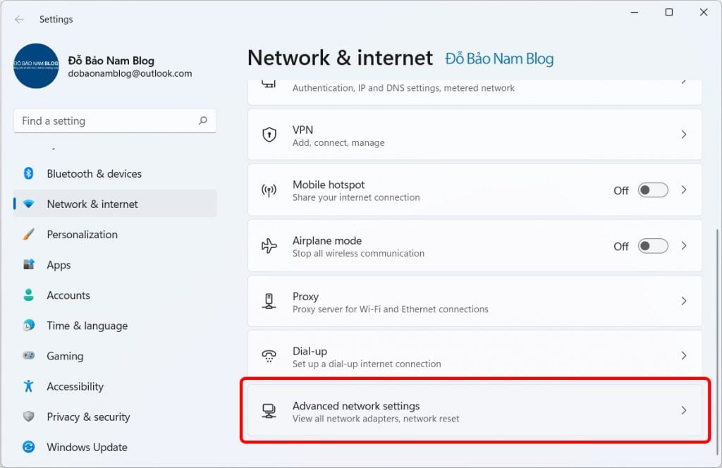 Trong cửa sổ Network & internet , bạn click chọn Advanced network settings