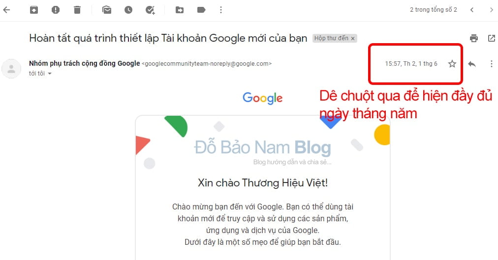 Hướng dẫn cách xem ngày lập Gmail qua thư chào mừng của Google.